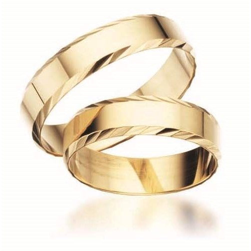 Scrouples vielsesringe i 14 karat guld, blanke med mønster, 5 mm – klassiske og tidløse guldringe.